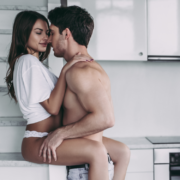 Husband lifts wife to the kitchen counter for kisses and more ~ MarriageHeat